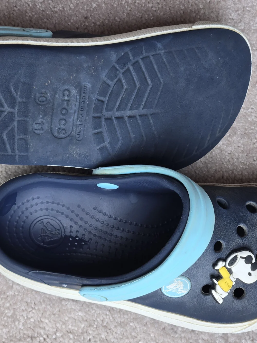 CROCS Kids Navy Clogs with Mint Green Strap and Cartoon Charms